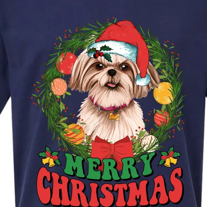 Merry Christmas Shih Tzu Santa Hat Dog Lovers Ugly Sweater Sueded Cloud Jersey T-Shirt