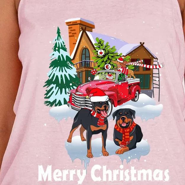 Merry Christmas Santa Rottweiler Dog Christmas Truck Gift Women's Knotted Racerback Tank