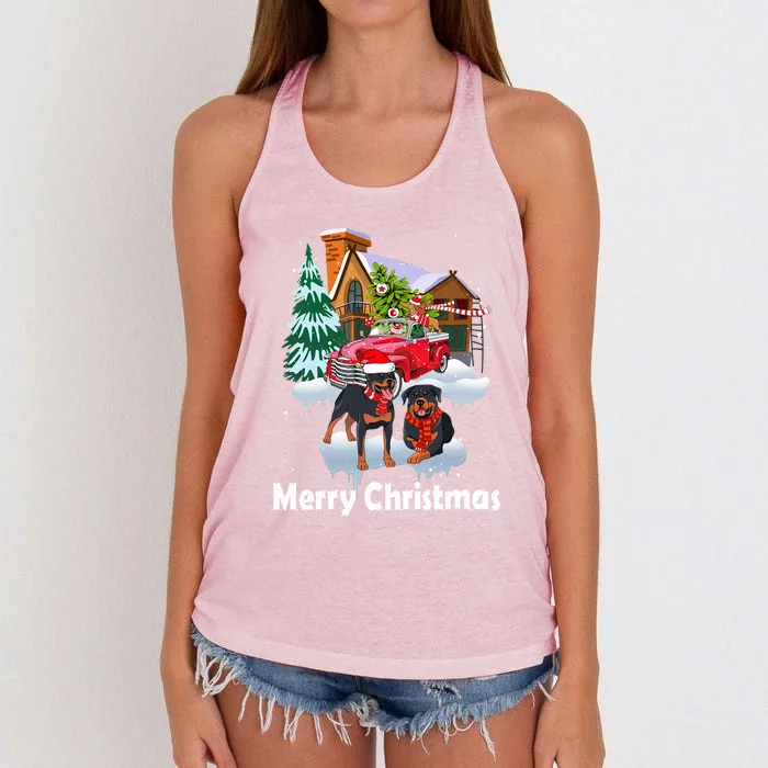 Merry Christmas Santa Rottweiler Dog Christmas Truck Gift Women's Knotted Racerback Tank