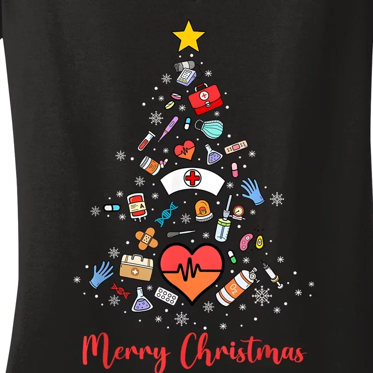 Merry Christmas Stethoscope Christmas Tree Nurse Nursing Scrub Top Xmas Women's V-Neck T-Shirt