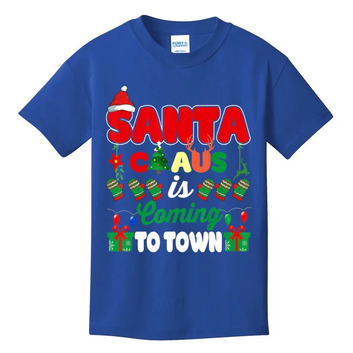 Merry Christmas Santa Claus Coming To Town Retro Xmas Lights Gift Kids T-Shirt