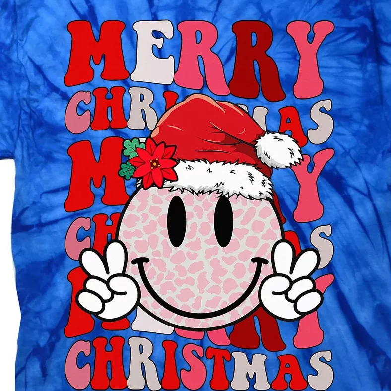 Merry Christmas Smile Face Santa Claus Hat Groovy Retro Tie-Dye T-Shirt