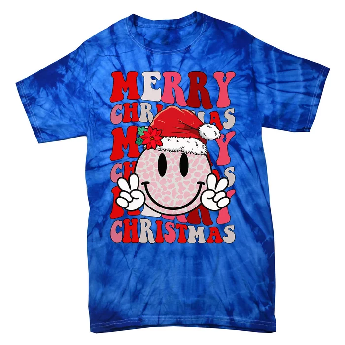 Merry Christmas Smile Face Santa Claus Hat Groovy Retro Tie-Dye T-Shirt