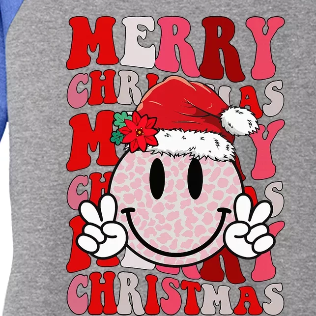 Merry Christmas Smile Face Santa Claus Hat Groovy Retro Women's Tri-Blend 3/4-Sleeve Raglan Shirt