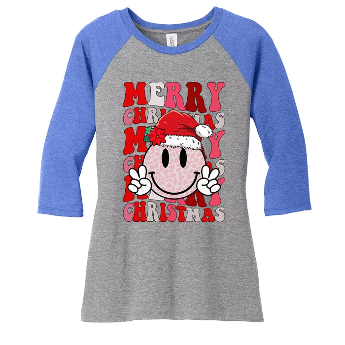 Merry Christmas Smile Face Santa Claus Hat Groovy Retro Women's Tri-Blend 3/4-Sleeve Raglan Shirt