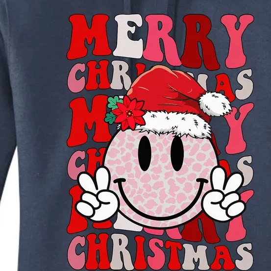 Merry Christmas Smile Face Santa Claus Hat Groovy Retro Women's Pullover Hoodie