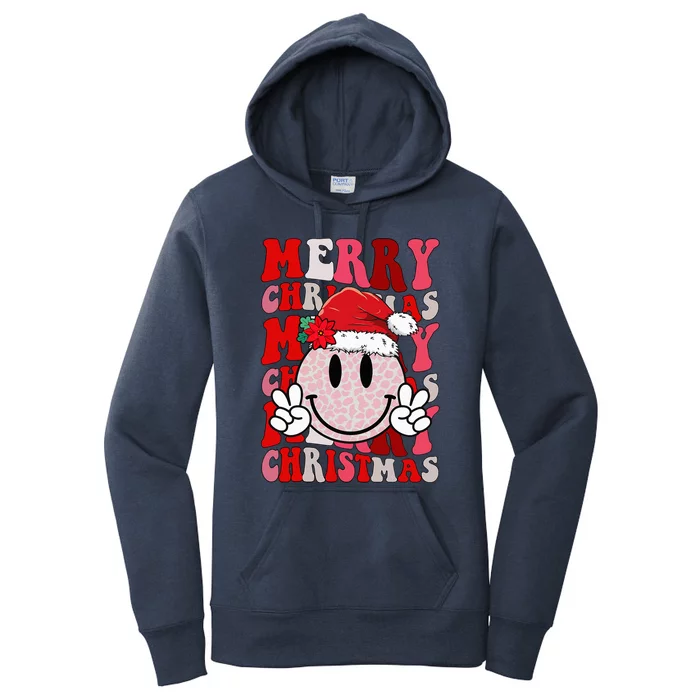 Merry Christmas Smile Face Santa Claus Hat Groovy Retro Women's Pullover Hoodie