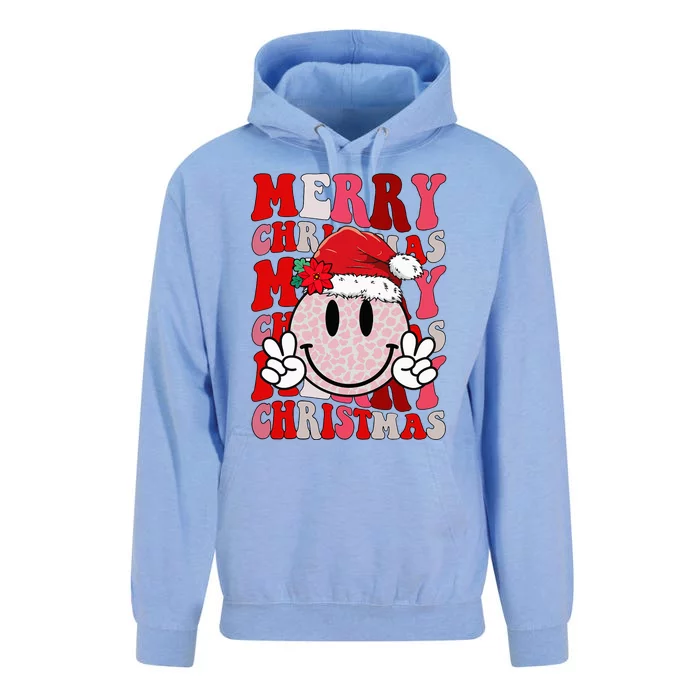 Merry Christmas Smile Face Santa Claus Hat Groovy Retro Unisex Surf Hoodie