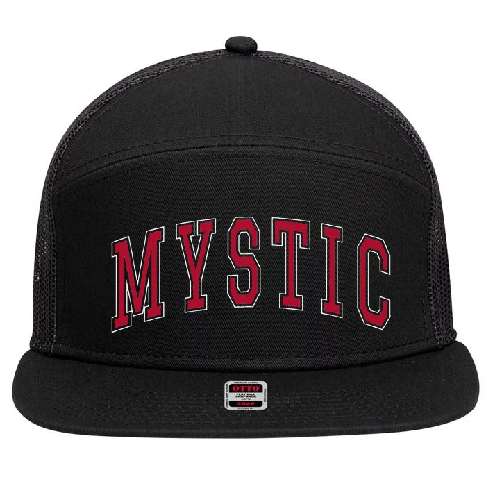 Mystic Connecticut Souvenir College Style Red Text 7 Panel Mesh Trucker Snapback Hat