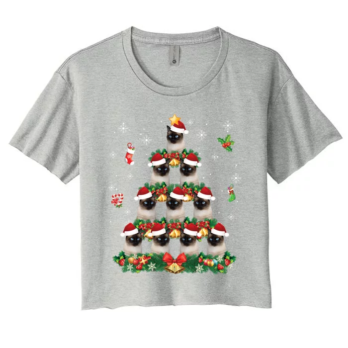 Merry Christmas Siamese Cat Santa Tree Pajama Sweater Ugly Gift Women's Crop Top Tee