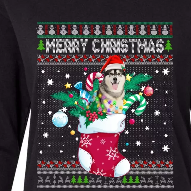 Merry Christmas Siberian Husky Dog In Sock Funny Xmas Ugly Funny Gift Womens Cotton Relaxed Long Sleeve T-Shirt