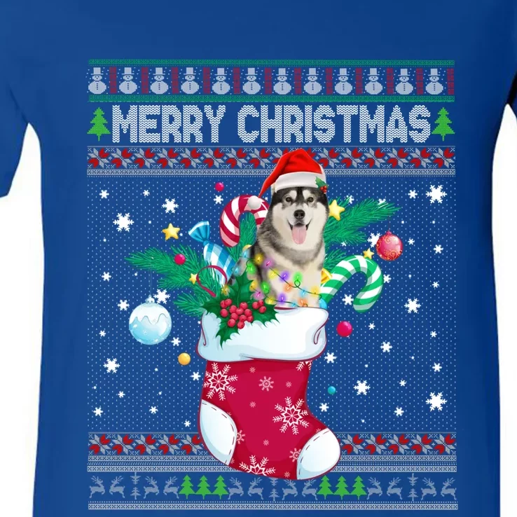 Merry Christmas Siberian Husky Dog In Sock Funny Xmas Ugly Funny Gift V-Neck T-Shirt