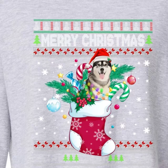 Merry Christmas Siberian Husky Dog In Sock Funny Xmas Ugly Funny Gift Cropped Pullover Crew