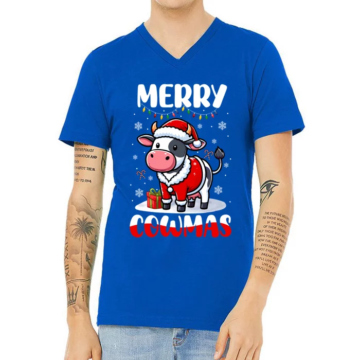 Merry Christmas Santa Cow Farmer Lover Family Colorful Cute Gift V-Neck T-Shirt