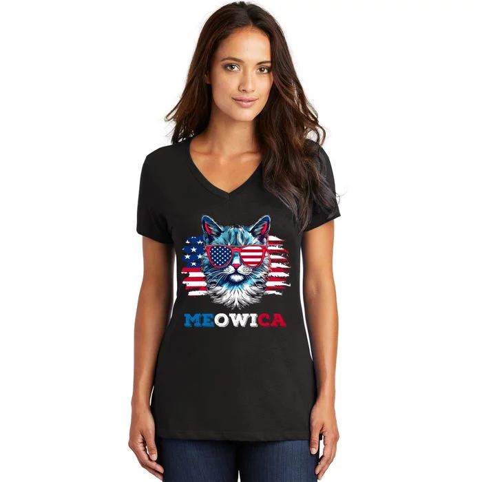 Meowica Cat Sunglasses American Flag Usa Cat 4th Of July Women's V-Neck T-Shirt