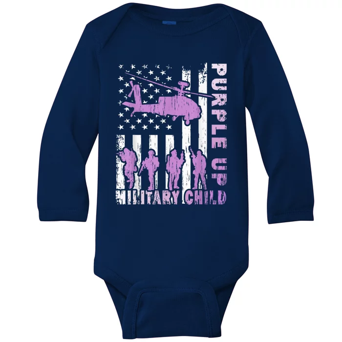 Military Child Shirt Purple Up American Flag Helicopter Kid Baby Long Sleeve Bodysuit