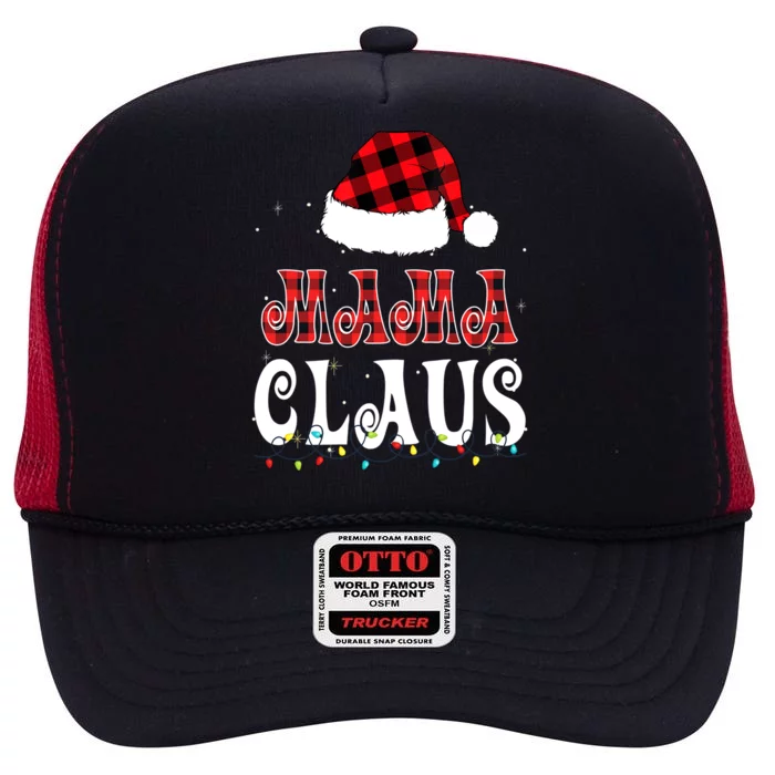 Mama Claus Santa Hat Buffalo Red Plaid Christmas Lights Gift High Crown Mesh Trucker Hat