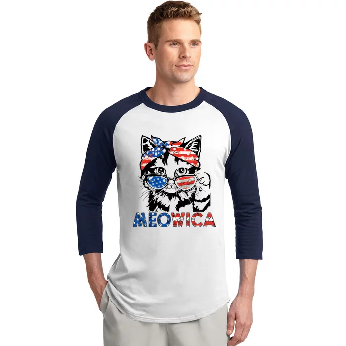 Meowica Cat Sunglasses American Flag 4th Of July Merica Usa Baseball Sleeve Shirt