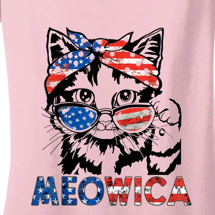 Meowica Cat Sunglasses American Flag 4th Of July Merica Usa Women's V-Neck T-Shirt