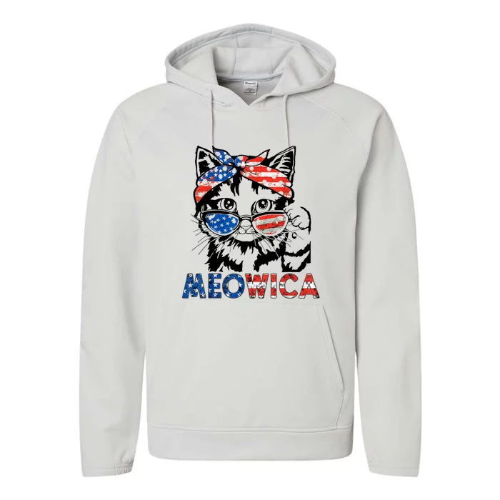 Meowica Cat Sunglasses American Flag 4th Of July Merica Usa Performance Fleece Hoodie