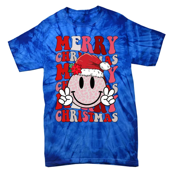 Merry Christmas Smile Face Santa Claus Hat Groovy Retro Gift Tie-Dye T-Shirt