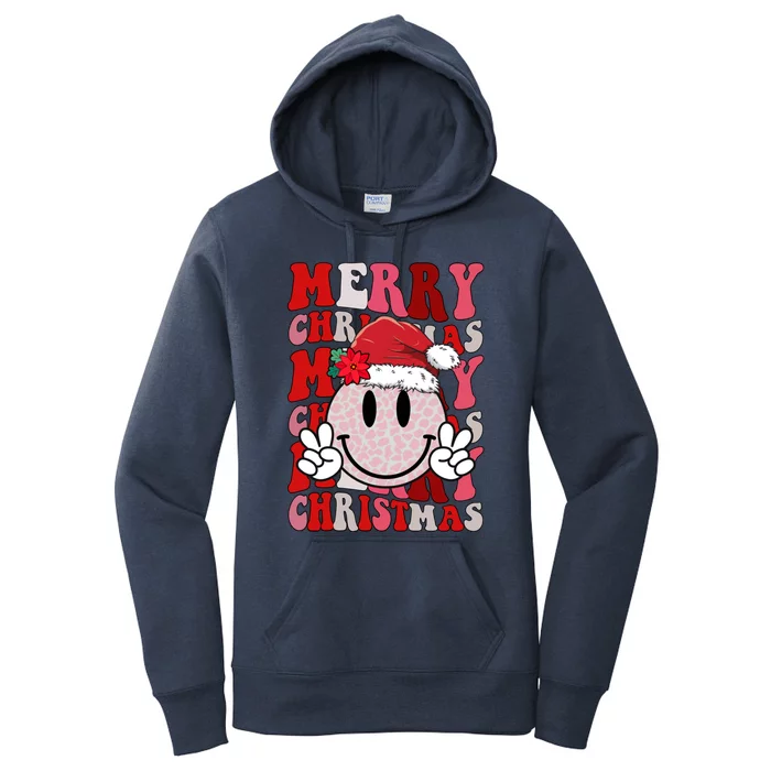 Merry Christmas Smile Face Santa Claus Hat Groovy Retro Gift Women's Pullover Hoodie