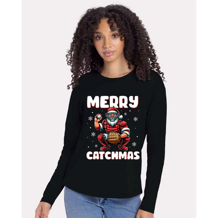 Merry Catchmas Santa Claus Baseball Catcher Xmas Christmas Womens Cotton Relaxed Long Sleeve T-Shirt