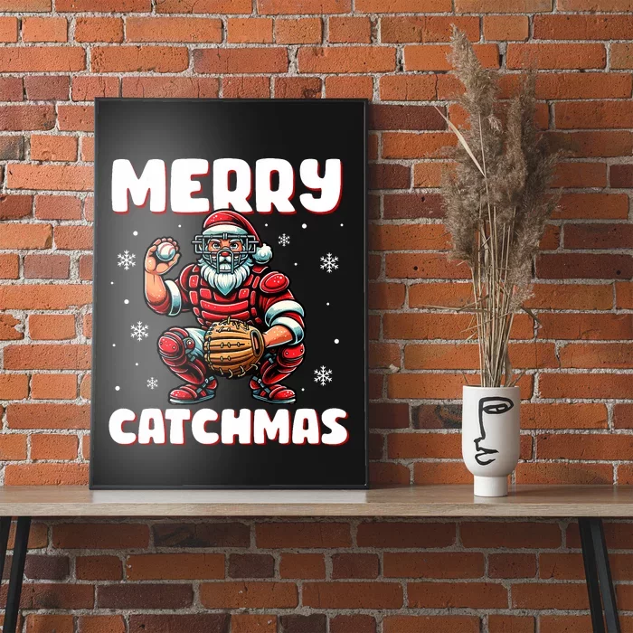 Merry Catchmas Santa Claus Baseball Catcher Xmas Christmas Poster