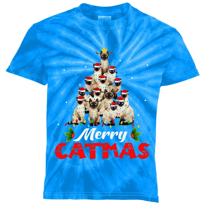 Merry Catmas Santa Siamese Cat Christmas Tree Decorations Kids Tie-Dye T-Shirt