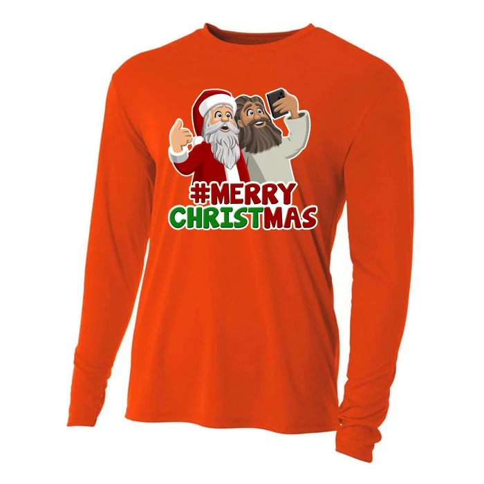 Merry Christmas Santa Jesus Selfie Funny Holiday Cooling Performance Long Sleeve Crew