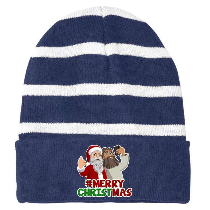 Merry Christmas Santa Jesus Selfie Funny Holiday Striped Beanie with Solid Band