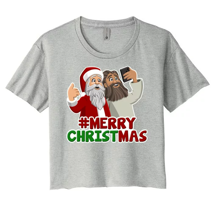 Merry Christmas Santa Jesus Selfie Funny Holiday Women's Crop Top Tee