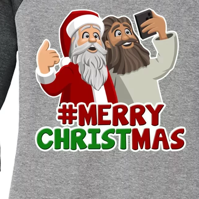 Merry Christmas Santa Jesus Selfie Funny Holiday Women's Tri-Blend 3/4-Sleeve Raglan Shirt