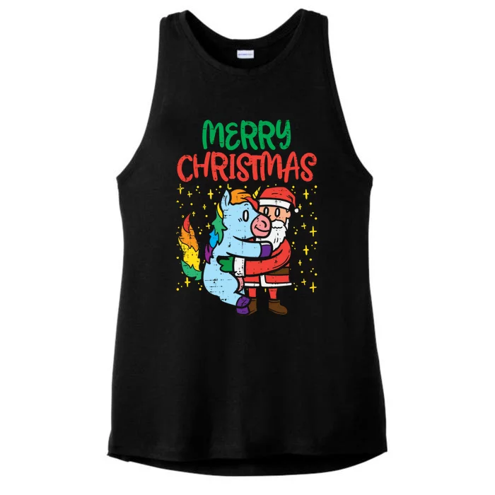 Merry Christmas Santa Unicorn Hug Toddler Girls Xmas Teen Gift Ladies Tri-Blend Wicking Tank