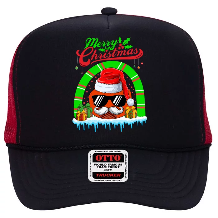 Merry Christmas Santa Ice Hockey Ball Mustache Sunglasses Funny Gift High Crown Mesh Trucker Hat