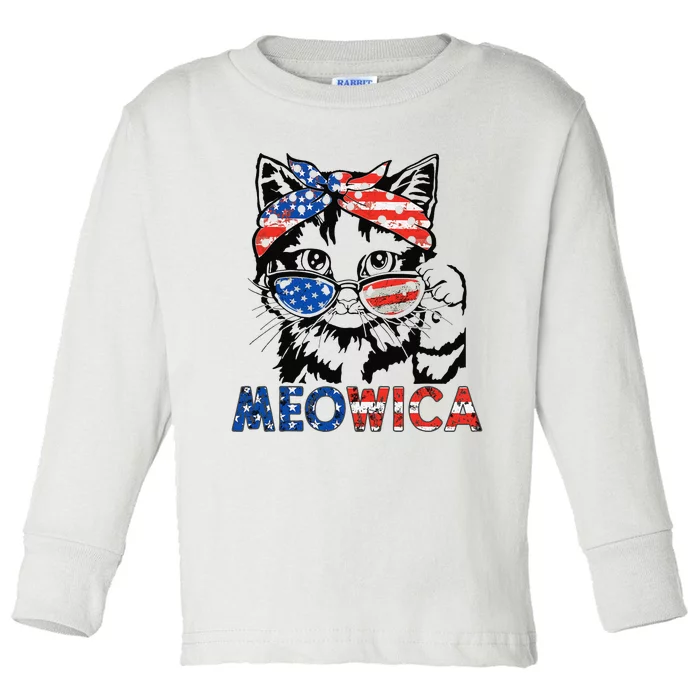 meowica cat Sunglasses american flag 4th of july merica usa Toddler Long Sleeve Shirt