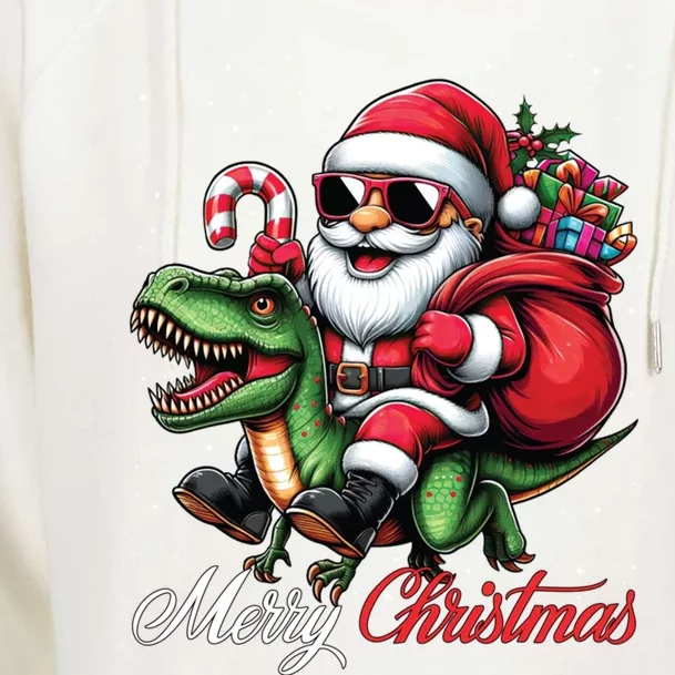 Merry Christmas Santa Claus Riding A T Rex Dinosaur Womens Funnel Neck Pullover Hood