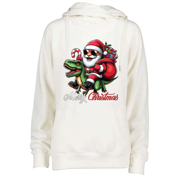 Merry Christmas Santa Claus Riding A T Rex Dinosaur Womens Funnel Neck Pullover Hood