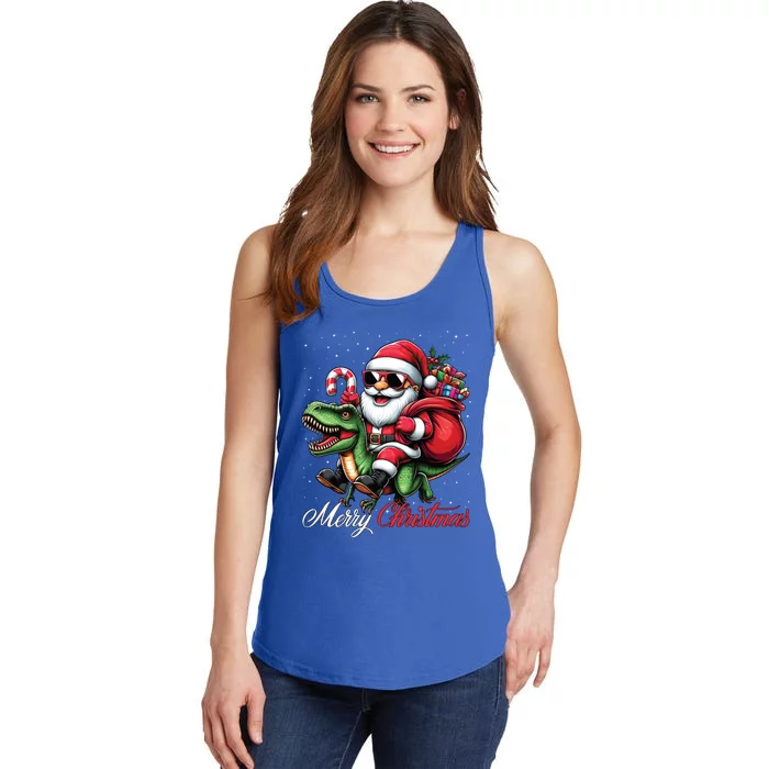 Merry Christmas Santa Claus Riding A T Rex Dinosaur Ladies Essential Tank