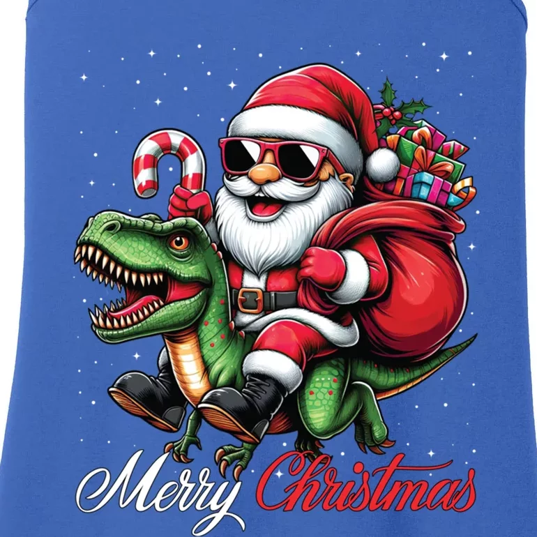 Merry Christmas Santa Claus Riding A T Rex Dinosaur Ladies Essential Tank