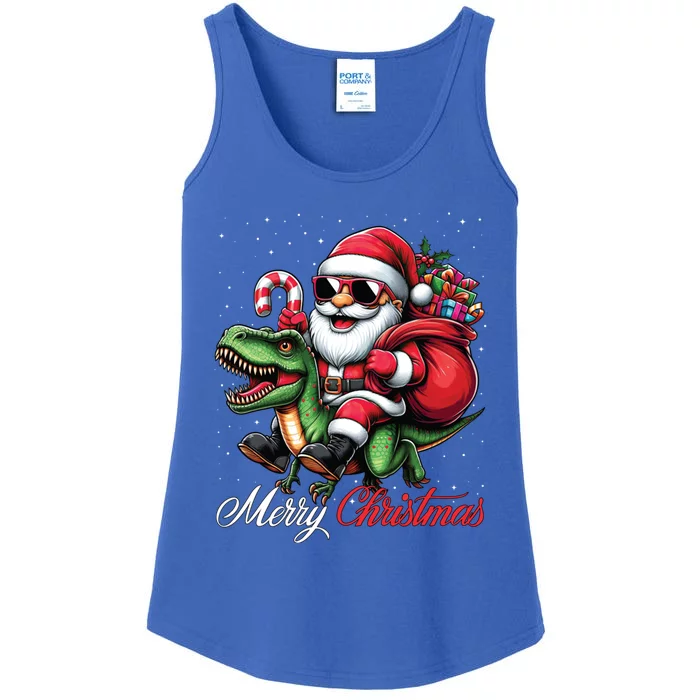 Merry Christmas Santa Claus Riding A T Rex Dinosaur Ladies Essential Tank