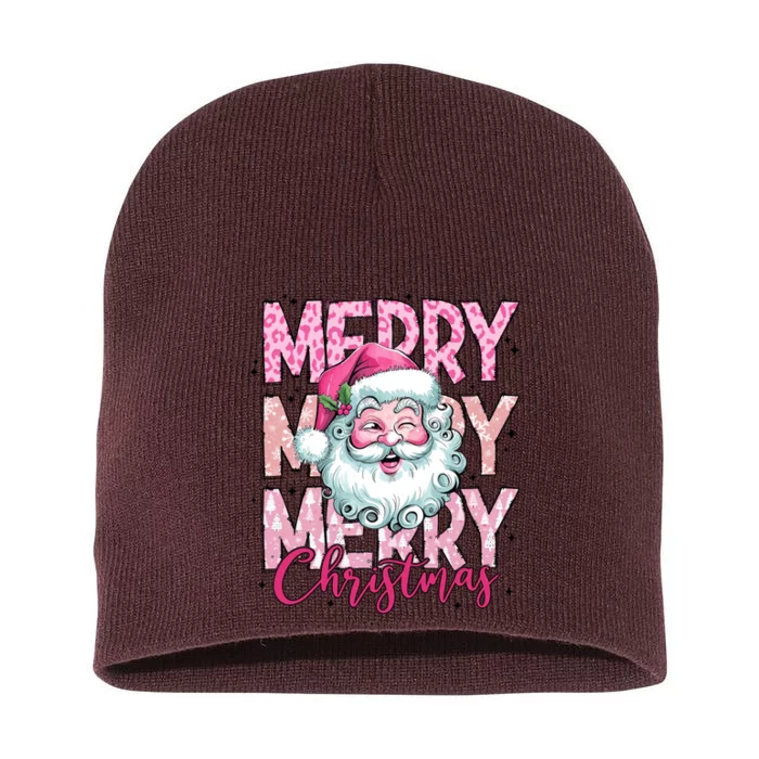 Merry Christmas Santa Claus Rero Pink Short Acrylic Beanie