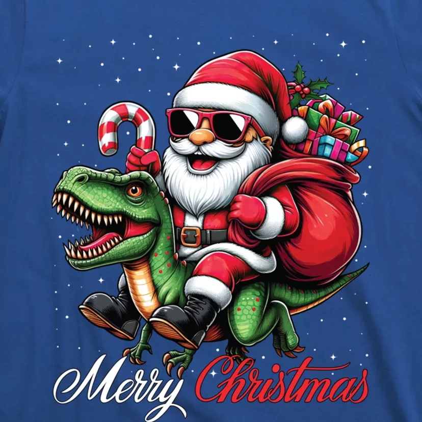 Merry Christmas Santa Claus Riding A T Rex Dinosaur Gift T-Shirt