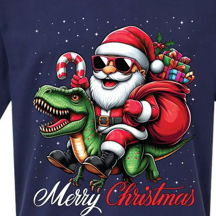 Merry Christmas Santa Claus Riding A T Rex Dinosaur Gift Sueded Cloud Jersey T-Shirt