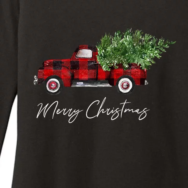 Merry Christmas Tree On Buffalo Plaid Truck Womens CVC Long Sleeve Shirt