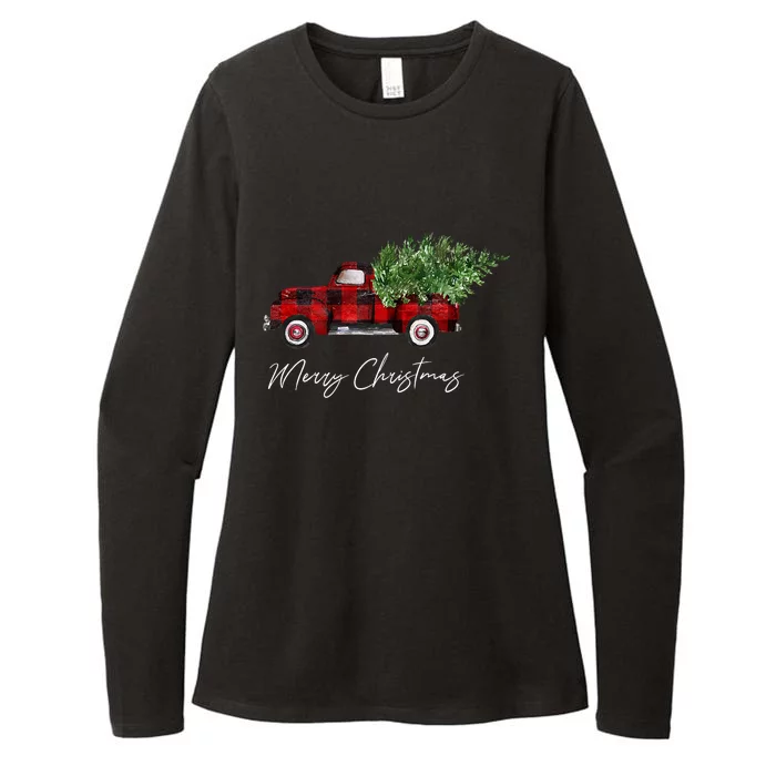 Merry Christmas Tree On Buffalo Plaid Truck Womens CVC Long Sleeve Shirt