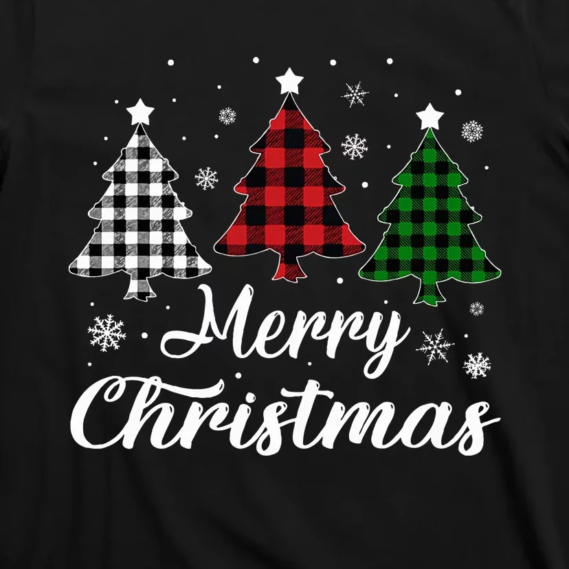 Merry Christmas Tree Xmas Buffalo Plaid Red White Green T-Shirt