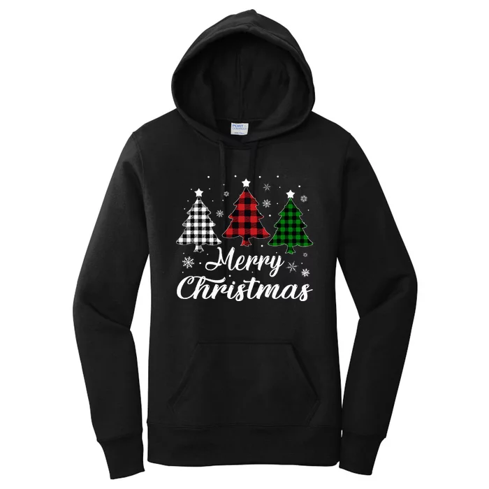 Merry Christmas Tree Xmas Buffalo Plaid Red White Green Women's Pullover Hoodie