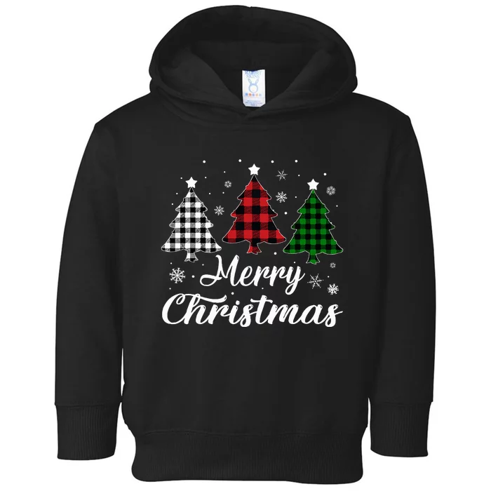 Merry Christmas Tree Xmas Buffalo Plaid Red White Green Toddler Hoodie