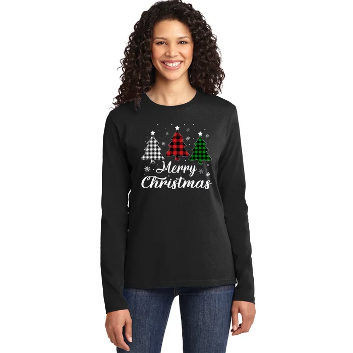 Merry Christmas Tree Xmas Buffalo Plaid Red White Green Ladies Long Sleeve Shirt